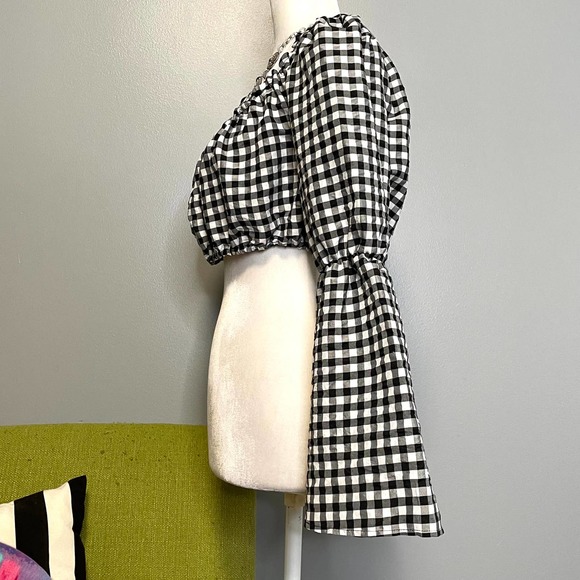 TOPSHOP Black White Gingham Plaid Puff Sleeve Crop Top NEW 6P Petite - Picture 3 of 6